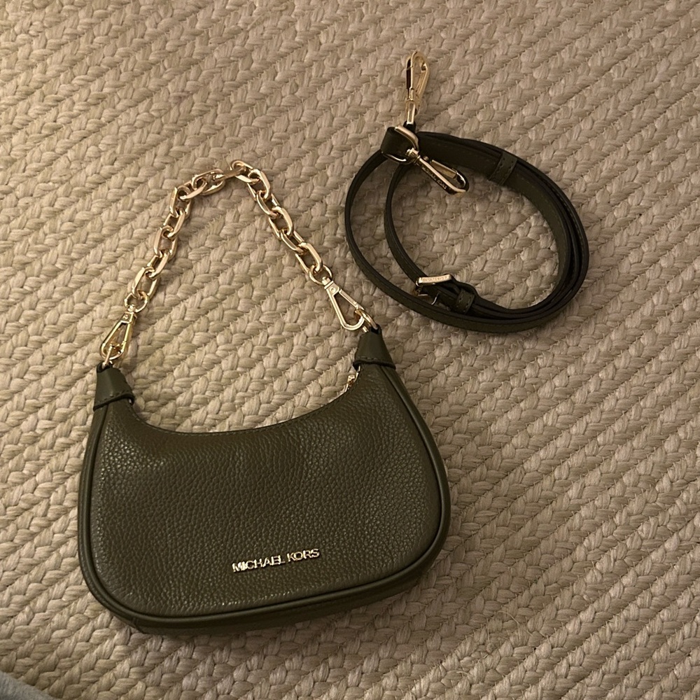 Michael Kors Olive Green Leather Shoulder Bag with Gold Chain